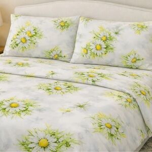 Vintage Springmaid Floral Sheet Set Full Queen White Yellow Green Daisy USA